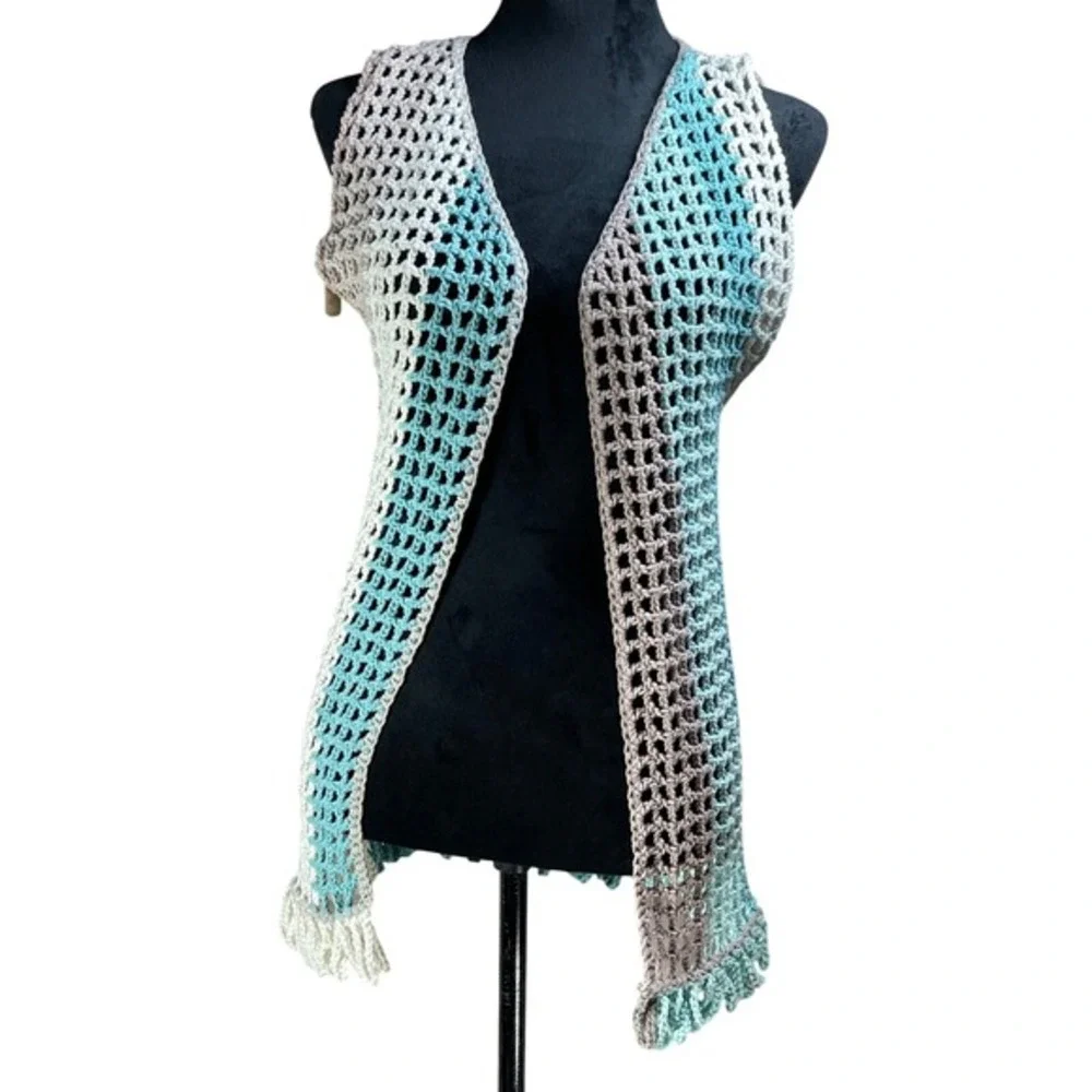 Crocheted Open Weave‎ Vest DLS Size X-Small Gradient Blue Grey White Fringe up